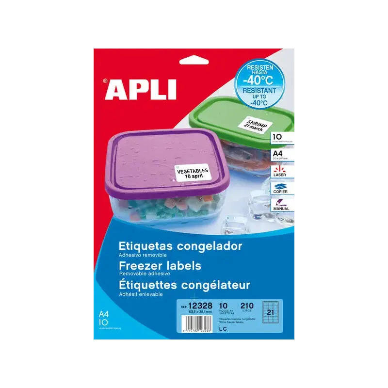 Apli Pack de 210 Etiquetas Especiales para Congelar 63.5x38.1mm - 10 Hojas por 21 Etiquetas - Adhesivo Removible - Cantos Romos