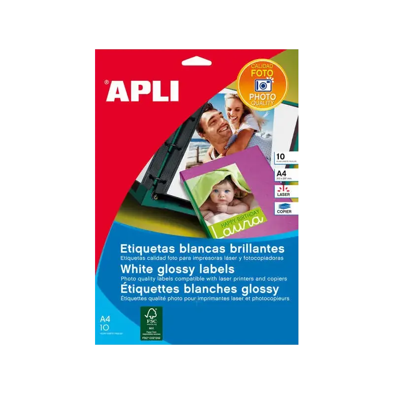 Apli Pack de 10 Etiquetas Blancas Calidad Fotografica para Laser 199.6x289.1mm - Fabricadas con Papel Fotografico - Acabado Bril