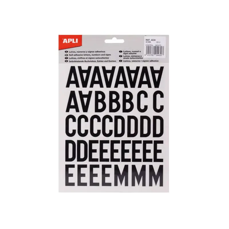Apli Letras Adhesivas de Palo Mayusculas - Altura 30mm - Color Negro - Pack de 4 Hojas con 153 Letras | Ahorro Imprimiendo