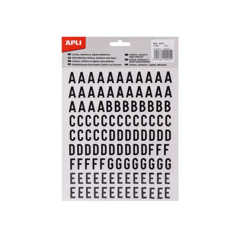 Apli Letras Adhesivas de Palo Mayusculas - Altura 15mm - Pack de 4 Hojas con 468 Letras - Color Negro | Ahorro Imprimiendo