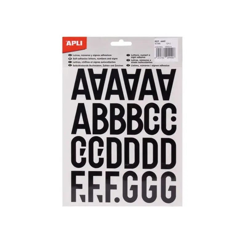 Apli Letras de Palo Mayusculas Adhesivas - Altura 40mm - Pack de 5 Hojas - Color Negro - Facil Identificacion y Señalizacion | A