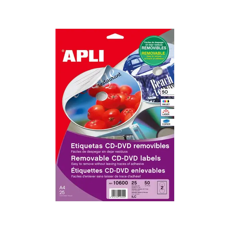 Apli Etiquetas CD/DVD Removibles Tamaño Mega Mate 25 Hojas I/L/C | Ahorro Imprimiendo