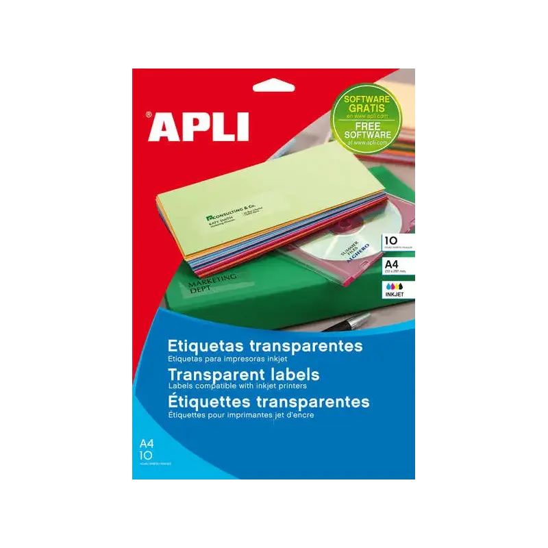 Apli Pack de 210 Etiquetas Transparentes 63.5 x 38.1mm - 10 Hojas por 21 Etiquetas - Adhesivo Permanente - Cantos Romos - Transp