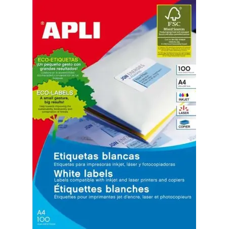 Apli Pack de 100 Etiquetas Permanentes - Tamaño 210 x 297mm - Multiples Usos - Color Blanco | Ahorro Imprimiendo