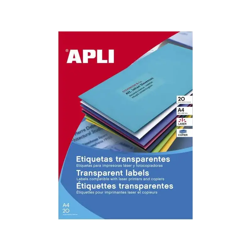 Apli Etiquetas Permanentes Translucidas 210 x 297 mm - 20 Hojas - Resistentes Intemperie | Ahorro Imprimiendo