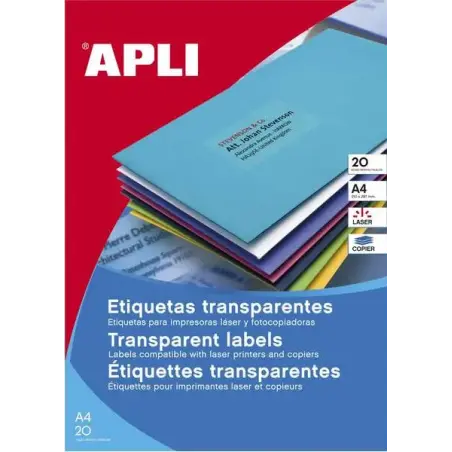 Apli Etiquetas Permanentes Translucidas 210 x 297 mm - 20 Hojas - Resistentes Intemperie | Ahorro Imprimiendo