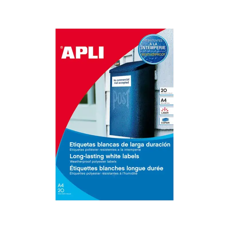Apli Pack de 480 Etiquetas de Poliester Resistentes a la Intemperie 64.6x33.8mm - 20 Hojas por 24 Etiquetas - Adhesivo Permanent