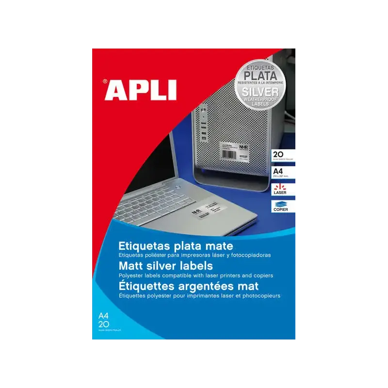 Apli Pack de 20 Etiquetas 210x 297mm - Adhesivo Permanente - Cantos Rectos - Color Plata | Ahorro Imprimiendo