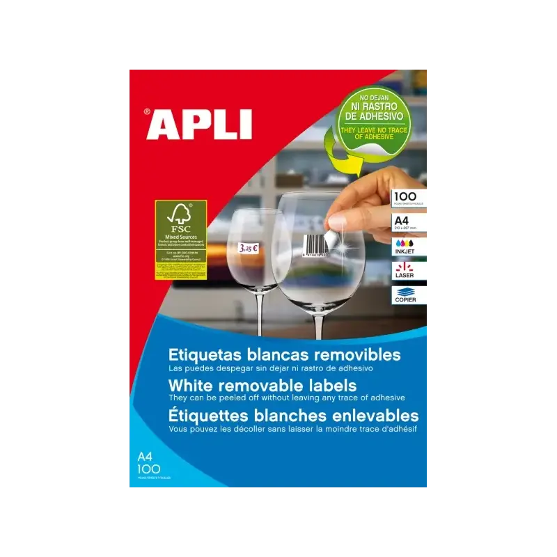 Apli Pack de 4.400 Etiquetas Rectangulares 48,5 x 25,4mm - 100 Hojas por 44 Etiquetas - Adhesivo Removible - Cantos Rectos - Col