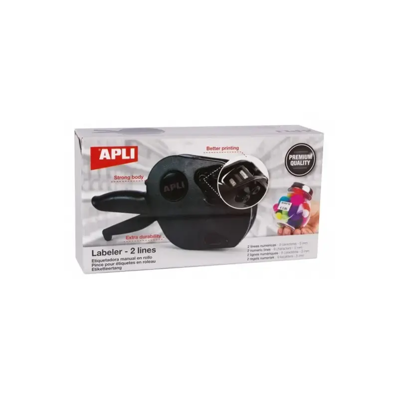 Apli Maquina Etiquetadora de Precios Premium - 2 Lineas - 9 Caracteres - Facil Uso - Instalacion Rapida - Correa de Muñeca - Inc