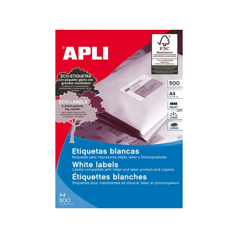 Apli Pack de 12.000 Etiquetas Rectangulares 64.6x33.8mm - 500 Hojas por 24 Etiquetas - Adhesivo Permanente - Cantos Rectos - Col