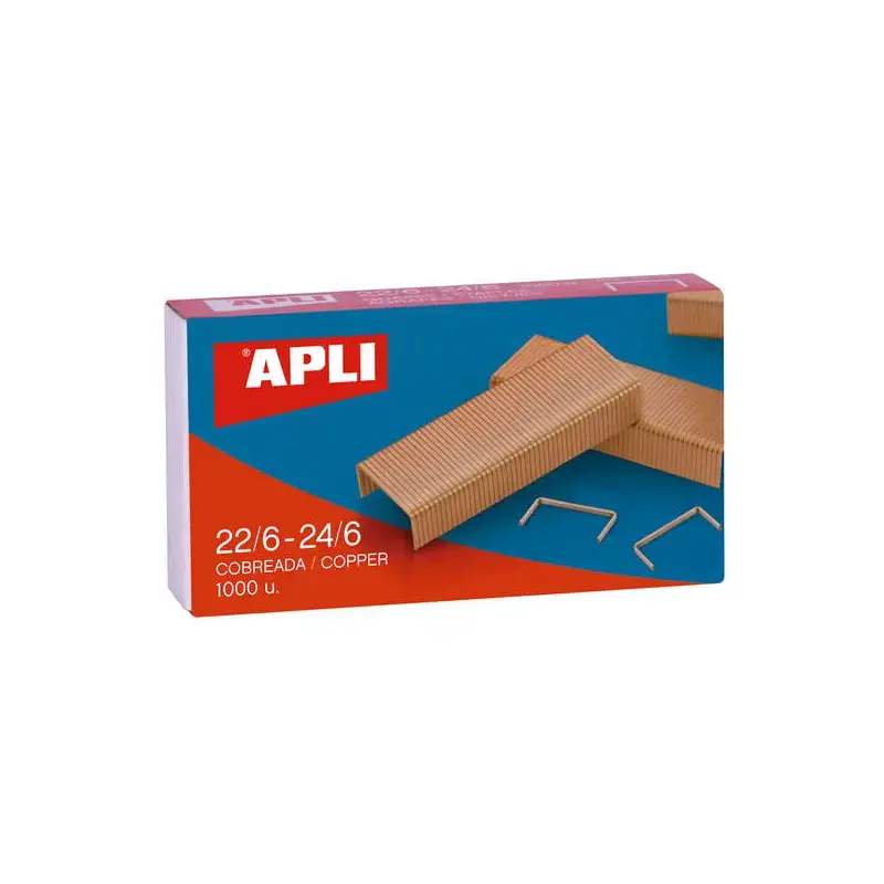 Apli Grapas de Cobre Galvanizadas 22/6 - 24/6 - Capacidad de 30 Hojas - Material Duradero y Resistente - Extremos Afilados para