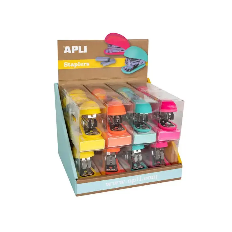 Apli Expositor de 16 Grapadoras Fluor Collection - Utiliza Grapas 22/6-24/6 - Incluye 1000 Grapas por Grapadora - Colores Fluor