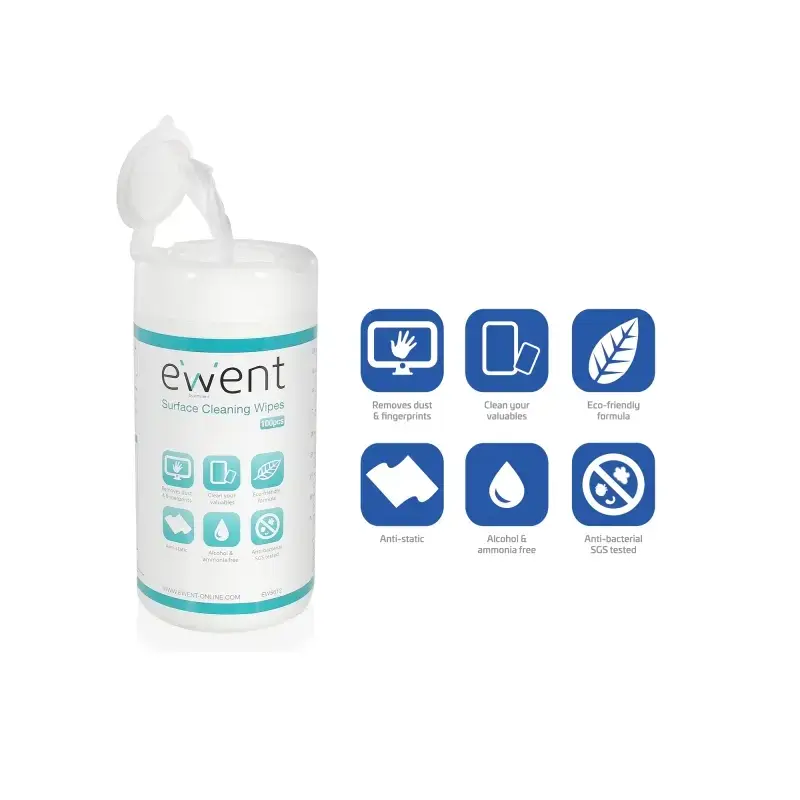 Ewent Toallitas de Limpieza para Pantallas - Antibacteriano - Antiestatica - Sin Alcohol - Color Blanco | Ahorro Imprimiendo