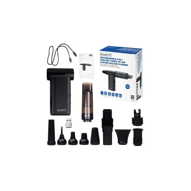 Ewent Pistola de Aire Comprimido - Aspirador, Bomba de Vacio e Inflador - 8 Velocidades -180000 RPM - Bateria de 8000mah - Color