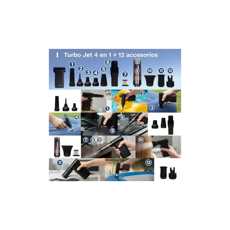 Ewent Pistola de Aire Comprimido - Aspirador, Bomba de Vacio e Inflador - 8 Velocidades -180000 RPM - Bateria de 8000mah - Color