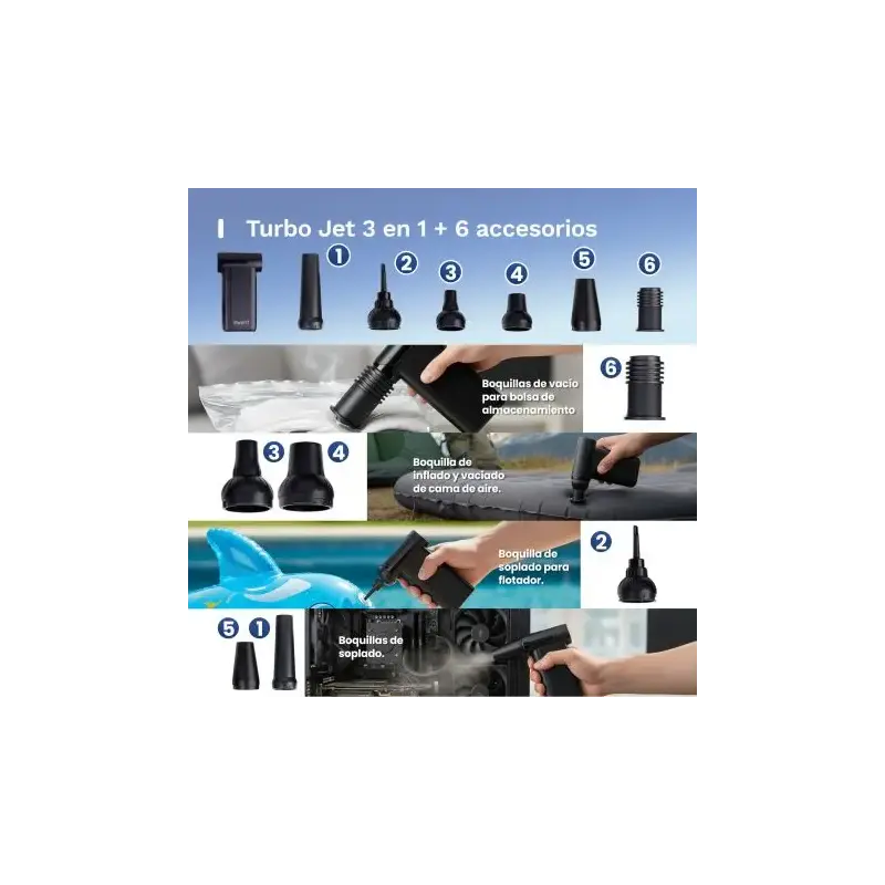 Ewent Pistola de Aire Comprimido - Bomba de Vacio e Inflador - 8 Velocidades -130000 RPM - Bateria de 5000mah - Color Negro | Ah
