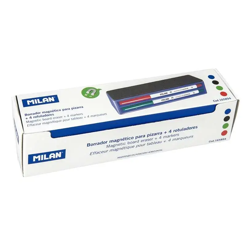 Milan Pack de Borrador Magnetico + 4 Rotuladores para Pizarra Blanca - Punta Redonda 3.7 mm - Borrables en Seco - Tinta a Base d