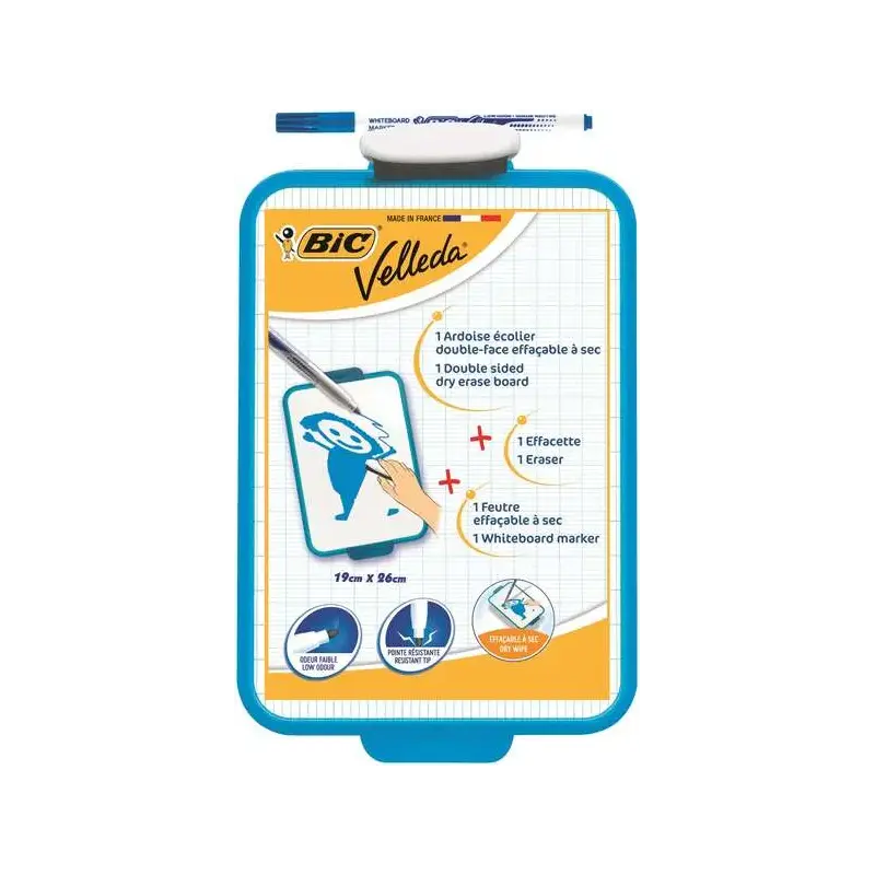 Bic Velleda Pizarra Escolar Dos Superficies Blanca y Milimetrada + 1 Marcador Velleda Azul + 1 Borrador - Dimensiones: 26x19 cm
