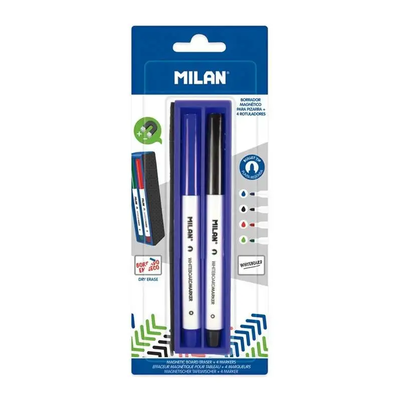 Milan Pack de Borrador Magnetico + 4 Rotuladores para Pizarra Blanca - Punta Redonda 3.7 mm - Borrables en Seco - Tinta a Base d