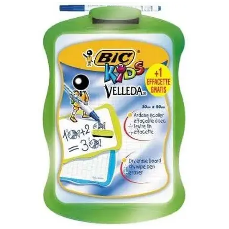 Bic Velleda Kids Pizarra Escolar Blanca y Milimetrada + 1 Marcador Velleda Azul + 1 Borrador - Dimensiones: 20x30cm - Colores Al