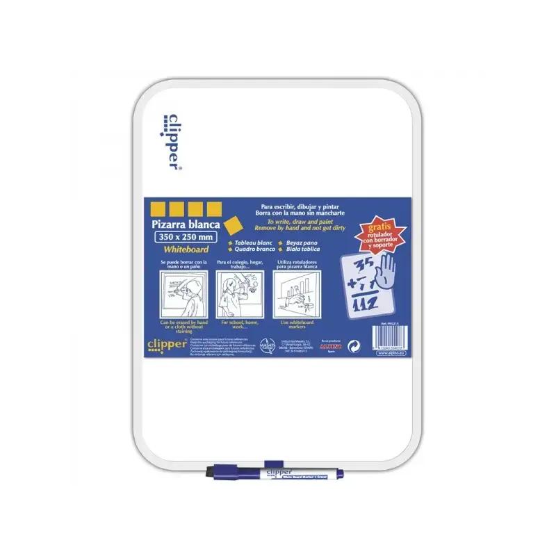 Alpino Clipper Pizarra Blanca 35x25cm - Una Cara Blanca y otra con Cuadricula - Borrado en Seco - Incluye Rotulador con Borrador