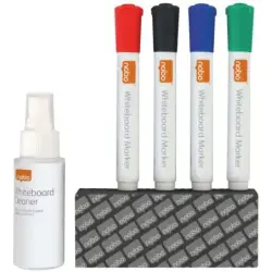 Nobo Pack de Accesorios para Pizarra Blanca - Incluye: 4 Rotuladores Pizarra, Borrador y Spray Limpiador 50Ml - Colores de los R