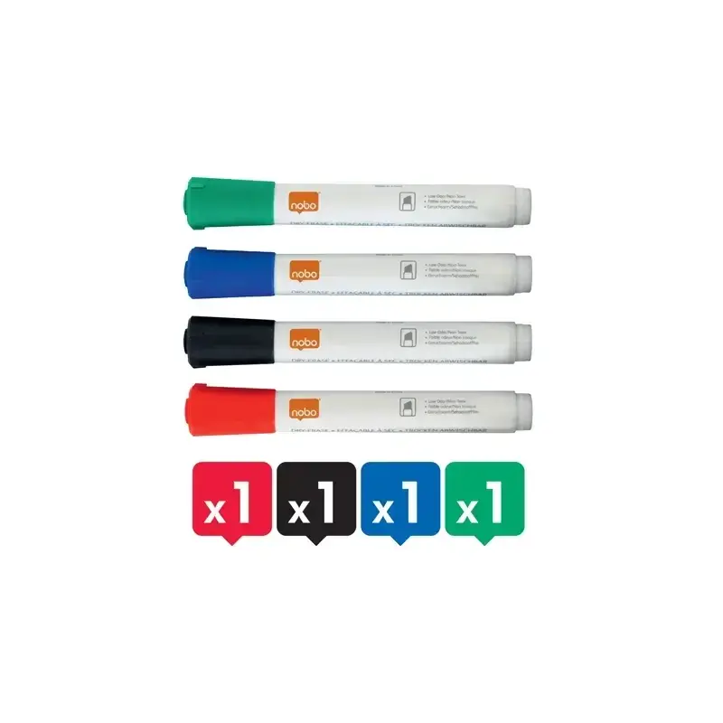 Nobo Pack de Accesorios para Pizarra Blanca - Incluye: 4 Rotuladores Pizarra, Borrador y Spray Limpiador 50Ml - Colores de los R