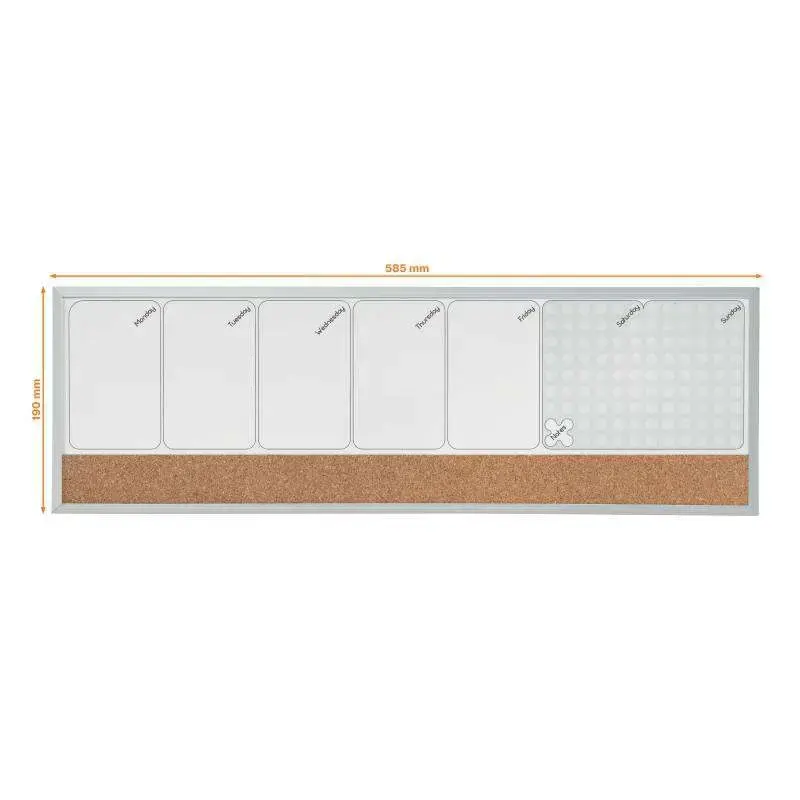 Nobo Planificador Semanal de Pizarra Magnetica Pequeña 585x190mm - Tira de Corcho - Almohadillas Adhesivas e Imanes para Montaje