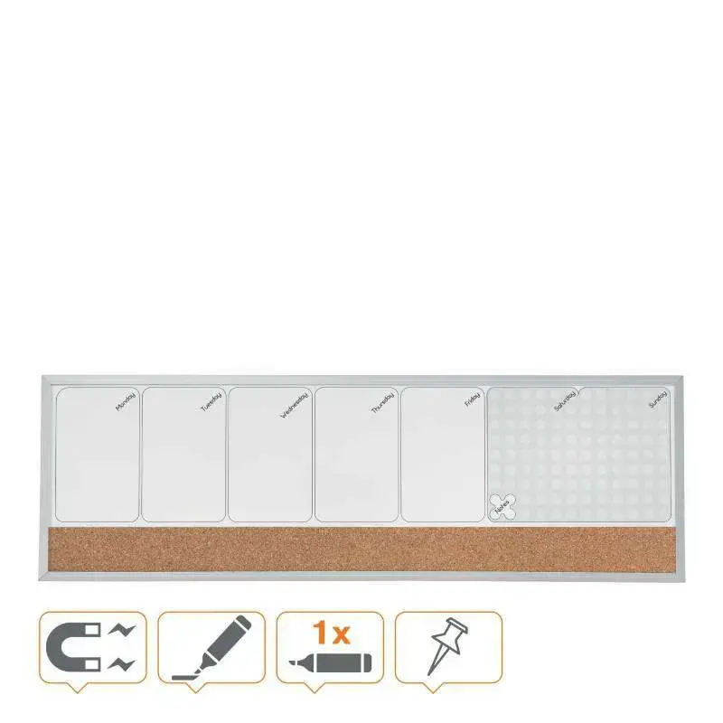 Nobo Planificador Semanal de Pizarra Magnetica Pequeña 585x190mm - Tira de Corcho - Almohadillas Adhesivas e Imanes para Montaje