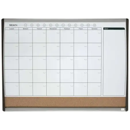 Nobo Planificador Pizarra Magnetica Pequeña con Tablero de Anuncios de Corcho 585x430mm - Semanal y Mensual - Marco Plateado y N