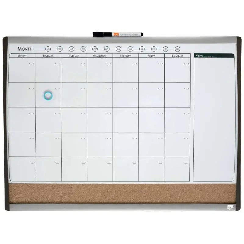 Nobo Planificador Pizarra Magnetica Pequeña con Tablero de Anuncios de Corcho 585x430mm - Semanal y Mensual - Marco Plateado y N