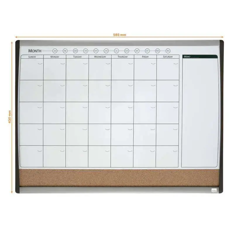 Nobo Planificador Pizarra Magnetica Pequeña con Tablero de Anuncios de Corcho 585x430mm - Semanal y Mensual - Marco Plateado y N