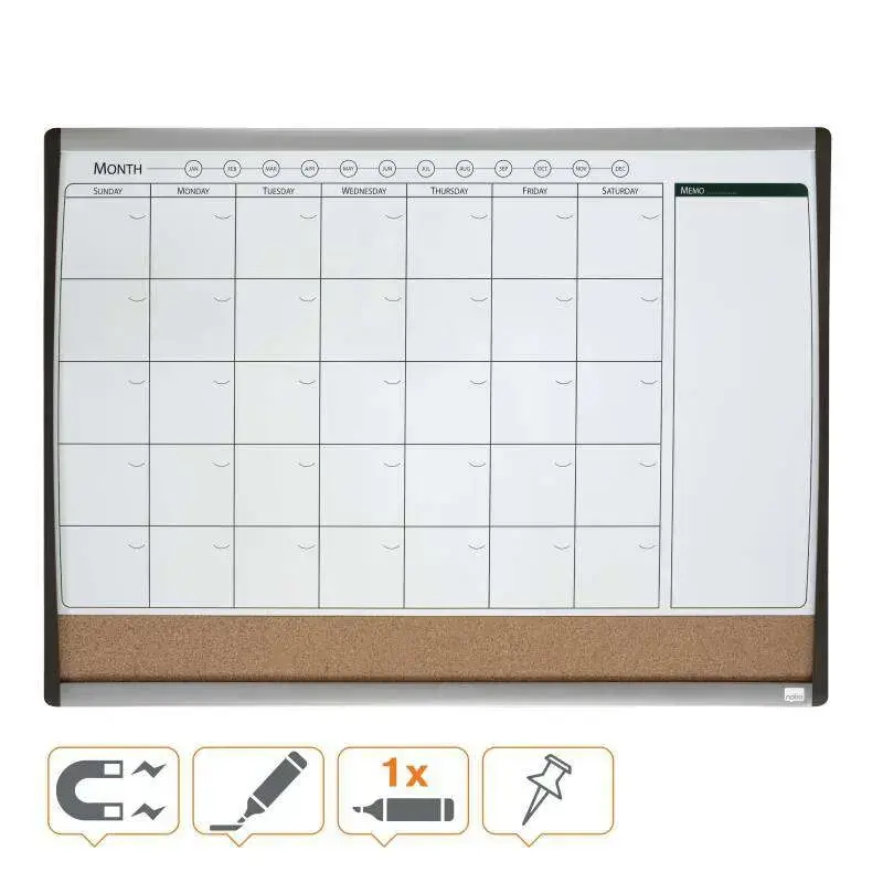 Nobo Planificador Pizarra Magnetica Pequeña con Tablero de Anuncios de Corcho 585x430mm - Semanal y Mensual - Marco Plateado y N