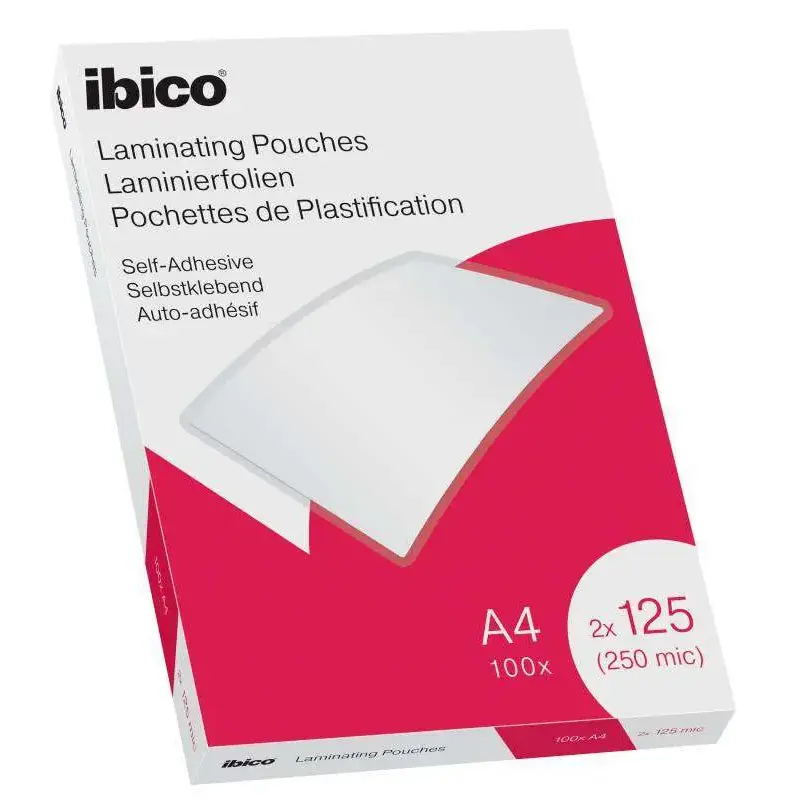 Ibico Caja de 100 Laminas de Plastificar Autoadhesivas A4 125 Micras - Acabado Cristalino de Alto Brillo - Plastifica Papel, Fot