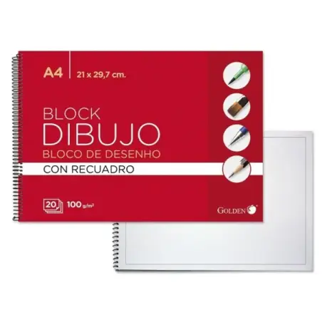 Golden Cuaderno de Dibujo Espiral A4 20 Hojas con Recuadro Interior - Papel de 100gr | Ahorro Imprimiendo
