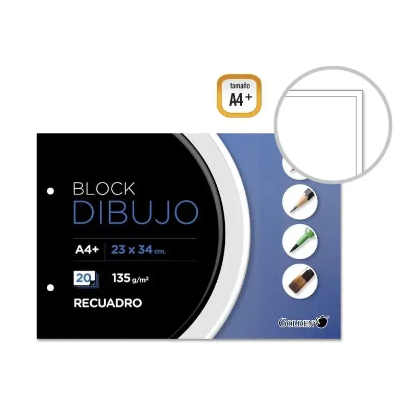 Golden Bloc de Dibujo A4+ 20 Hojas con Recuadro Interior - Papel de 135gr - Encolado con 2 Taladros | Ahorro Imprimiendo