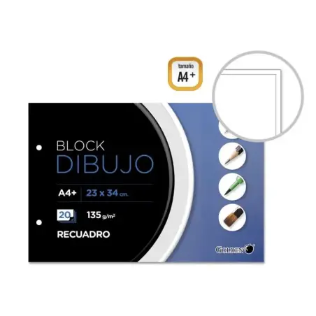 Golden Bloc de Dibujo A4+ 20 Hojas con Recuadro Interior - Papel de 135gr - Encolado con 2 Taladros | Ahorro Imprimiendo