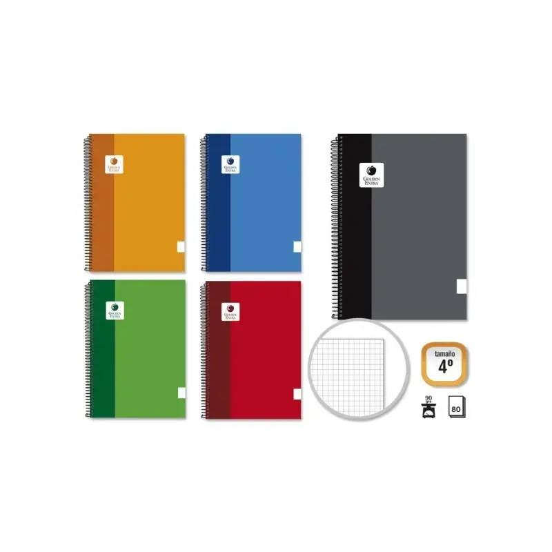Golden Extra Cuaderno Espiral 4º 80 Hojas 90grs Cuadricula - Margen Remarcado - Tapa Forrada - Colores Surtidos | Ahorro Imprimi