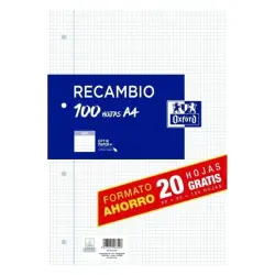 Oxford Recambio Formato A4 Cuadriculado 4x4mm 4 Taladros - 80 Hojas + 20 Gratis 90gr con Margen | Ahorro Imprimiendo