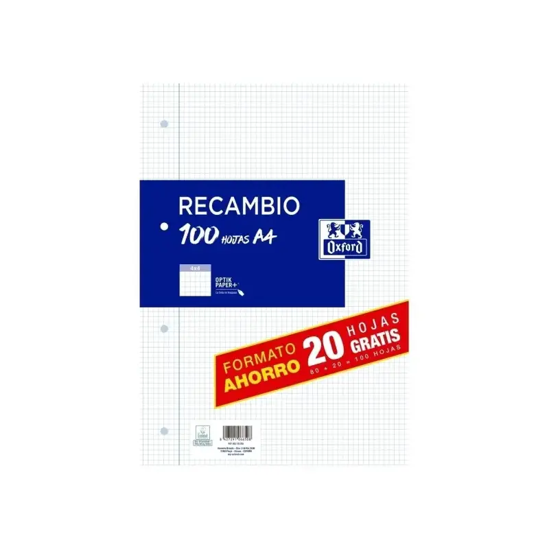 Oxford Recambio Formato A4 Cuadriculado 4x4mm 4 Taladros - 80 Hojas + 20 Gratis 90gr con Margen | Ahorro Imprimiendo