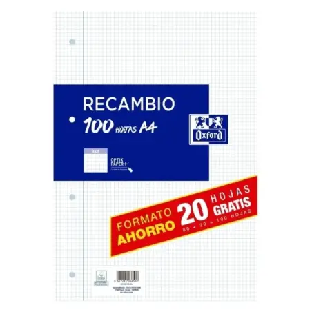 Oxford Recambio Formato A4 Cuadriculado 4x4mm 4 Taladros - 80 Hojas + 20 Gratis 90gr con Margen | Ahorro Imprimiendo