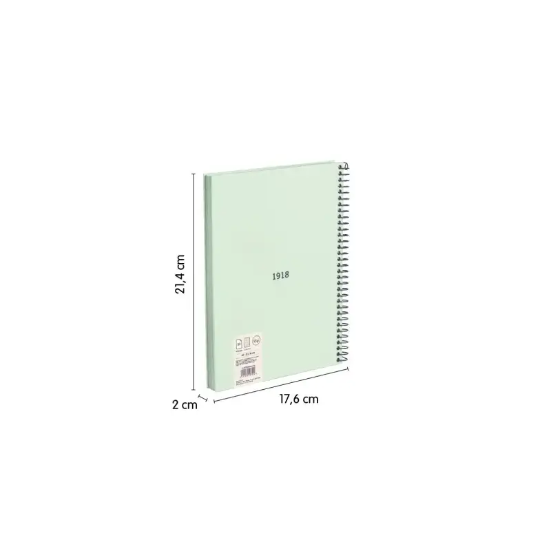 Milan Serie 1918 Cuaderno Espiral Formato A5 Cuadricula 5x5mm - 80 Hojas de 95 gr/m2 - Microperforado, 2 Taladros - Color Verde