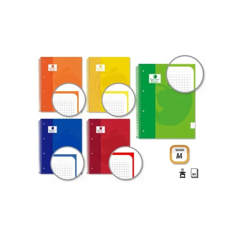 Golden Extra Cuaderno Espiral A4 80 Hojas 90grs Cuadricula 5x5 - Hojas Microperforadas con Banda de Color - Tapa Extradura Forra
