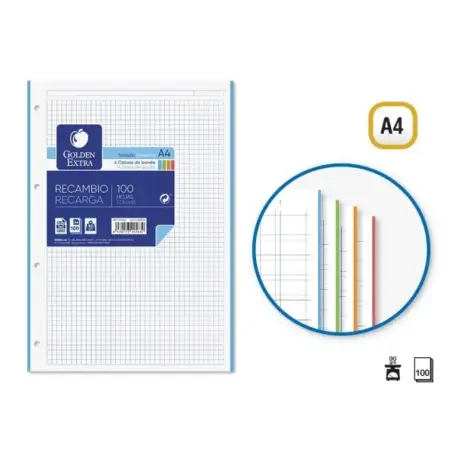 Golden Extra Recambio de 100 Hojas 90gr Cuadricula 5x5 - Formato A4 - 4 Taladros y Bandas de Color | Ahorro Imprimiendo