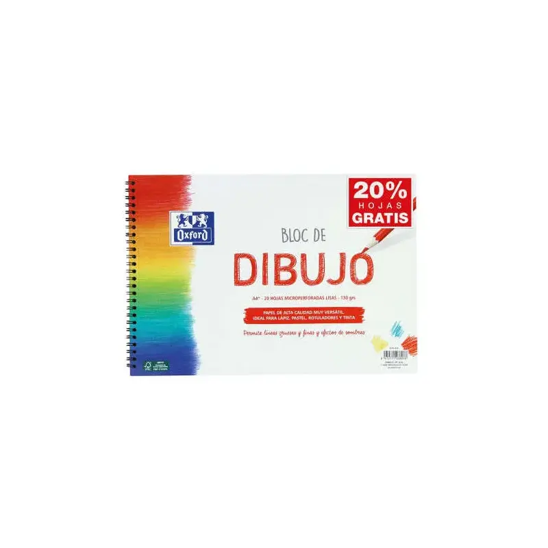 Oxford Bloc de Dibujo Escolar Espiral Formato A4+ Liso - 20 Hojas Microperforadas 130gr Color natural - Papel de Superfície Rugo