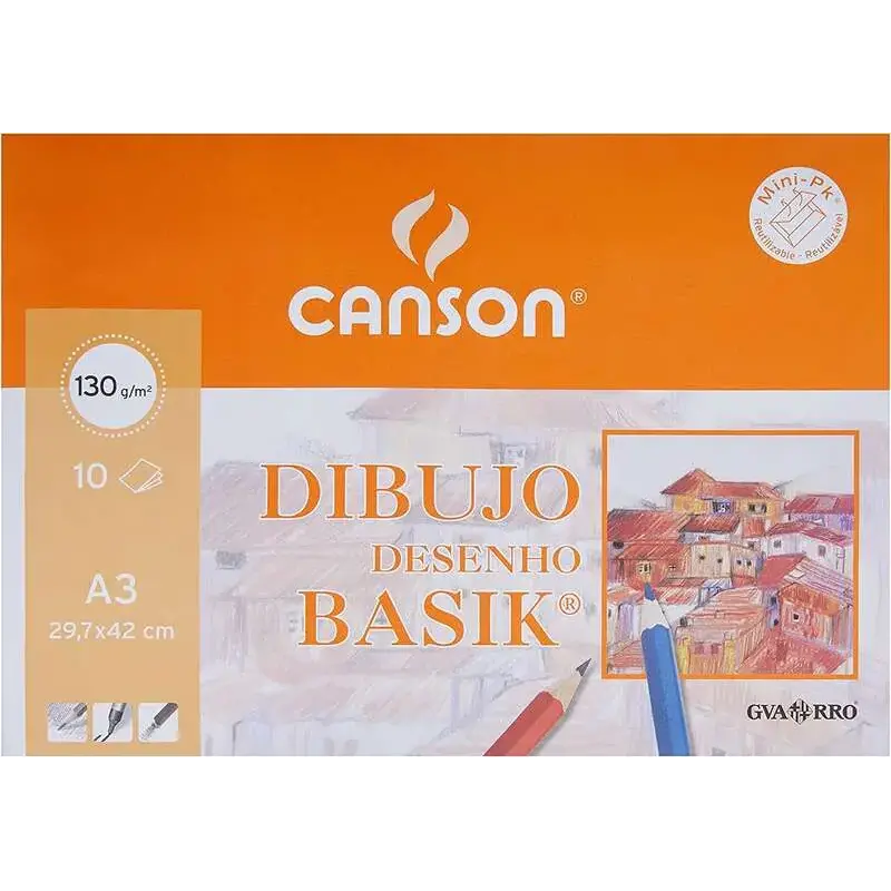 Canson Minipack de 10 Hojas de Dibujo Basik Liso A3 - 29,7x42cm - 130g - Color Blanco | Ahorro Imprimiendo