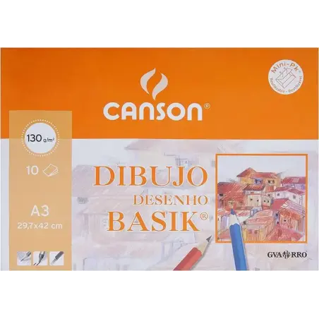 Canson Minipack de 10 Hojas de Dibujo Basik Liso A3 - 29,7x42cm - 130g - Color Blanco | Ahorro Imprimiendo