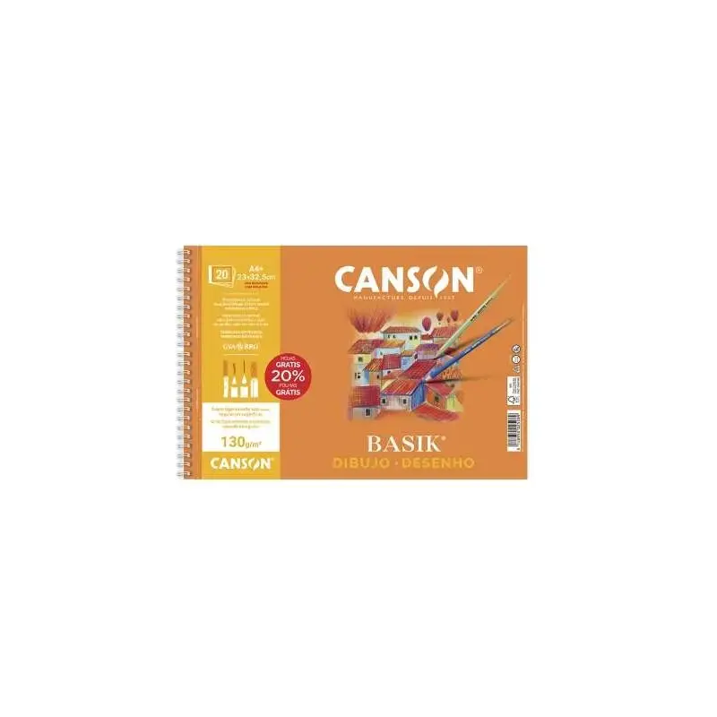 Canson Basik Cuaderno de Dibujo A4+ 20 Hojas Microperforadas 130g/m² - Sin Recuadro - Medidas 23x32.5cm - Color Blanco | Ahorro