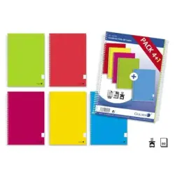 Golden Pack de 5 Cuadernos Espiral Folio 80 Hojas Cuadricula 4x4 - Margen Remarcado - Tapa Normal Plastificada - Colores Surtido